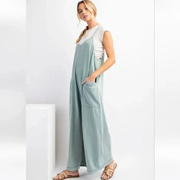 New Easel Dusty Blue Mineral Washed Cotton Jumpsuit
